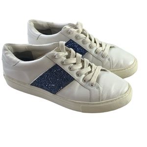 Tory Burch Carter Glitter white and blue low top lace-up leather sneakers Sz 8.5